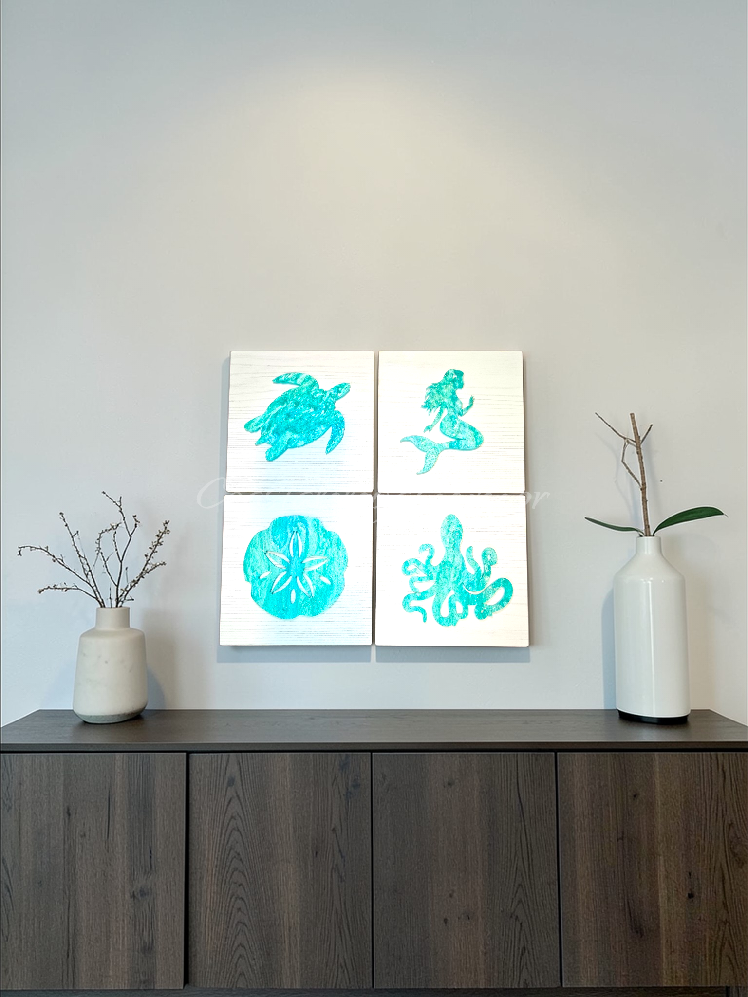 3D acrylic sea creature tiled coastal wall decoration with whitewashed wood-look finish