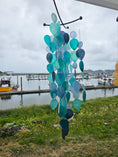Load image into Gallery viewer, Handmade Capiz Criss Cross Top Teal Teardrop Wind Chimes Patio Decor 24"
