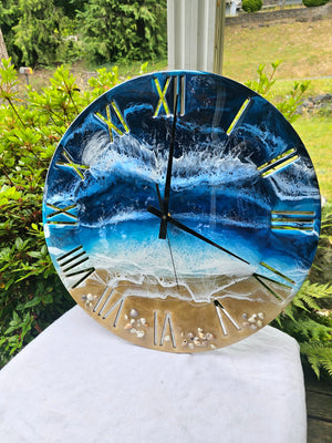 Handmade 19.5 Inch Blues Beach Ocean Waves Wall Clock with Roman Numerals & Real Seashells