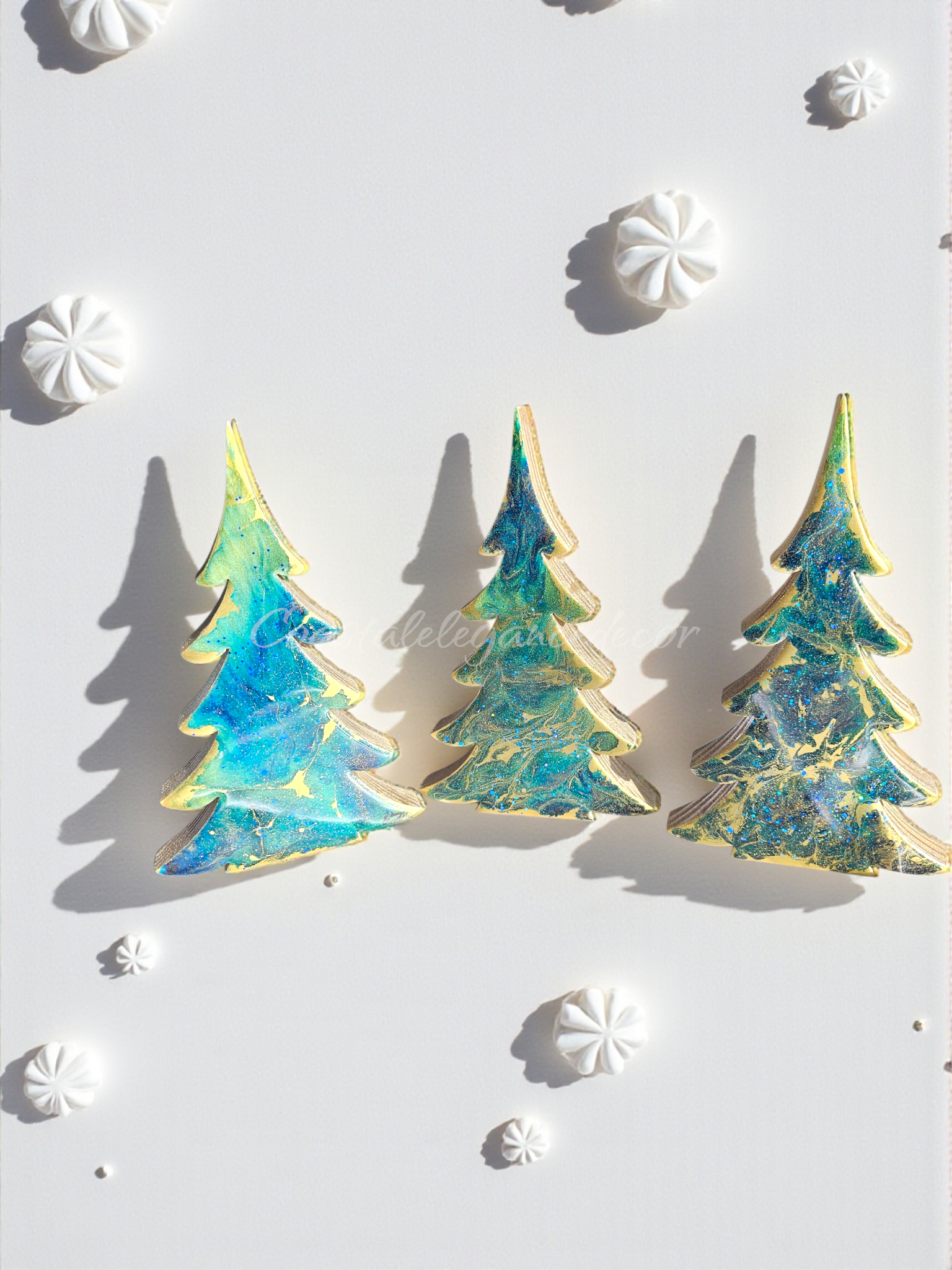 Handcrafted Blue-Green Tabletop Sparkly Christmas Trees 8 Inches showcasing unique wood and resin design with gold glitter accents.