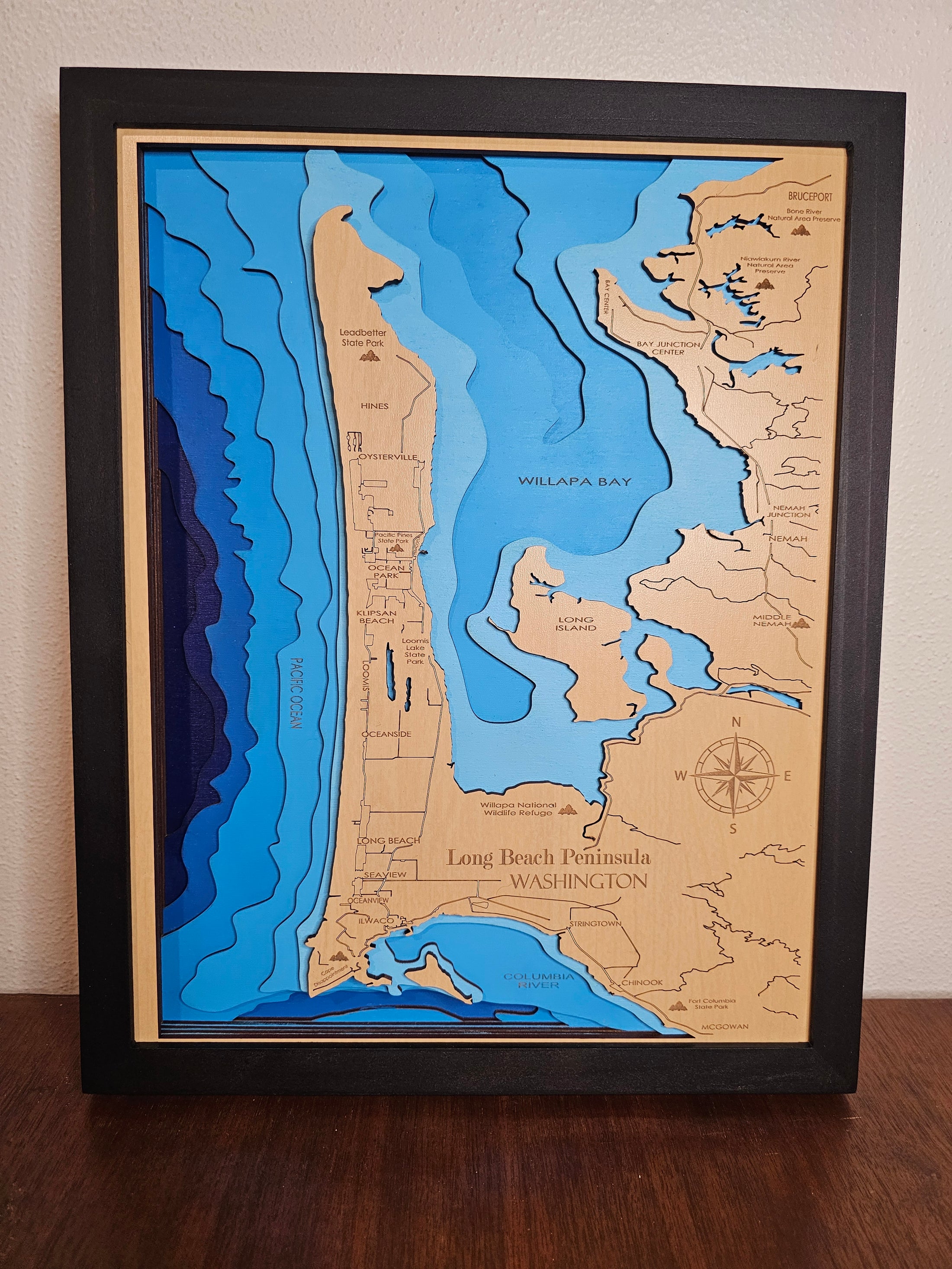 🌊 Long Beach Peninsula, Washington | 8-Layer 3D Bathymetric Laser-Cut Wood Map