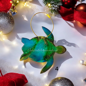 Colorful Sparkly Sea Turtles Christmas Resin and Wood Ornaments Handmade Multiple Colors