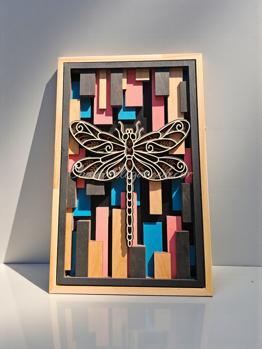 Hand-Painted Layered Wood Dragonfly Wall Art – 6-Layer Laser Cut Design in Coral, Blue & Natural Stains