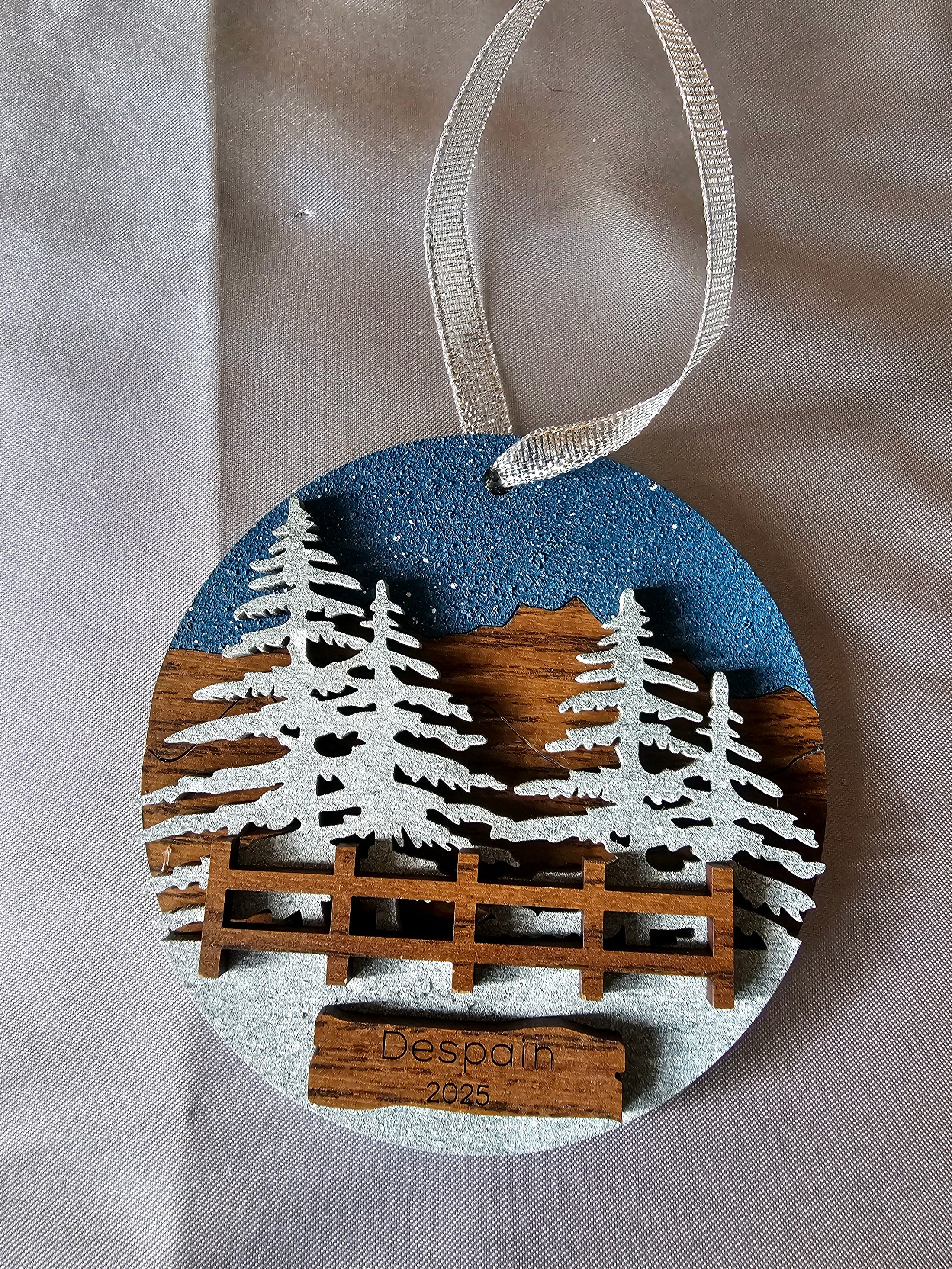 Personalized Snowy Trees, Mountains, Night Sky with Fence Wilderness Ornaments