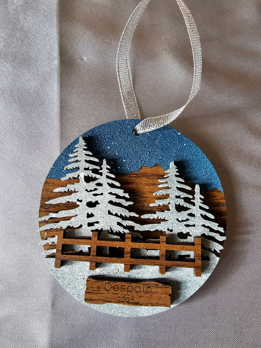 Personalized Snowy Trees, Mountains, Night Sky with Fence Wilderness Ornaments