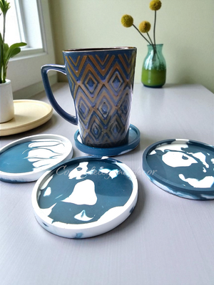 Handmade Contemporary Jesmonite Round Drink Coaster Set of 4 Inch Deep Blue