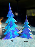 Charger l'image dans la visionneuse de la galerie, Handmade Sapphire Blue Wood Christmas Tree Holiday Shelf Sitter, featuring vibrant sapphire and electric blue resin with glittery silver accents, perfect for festive decor.
