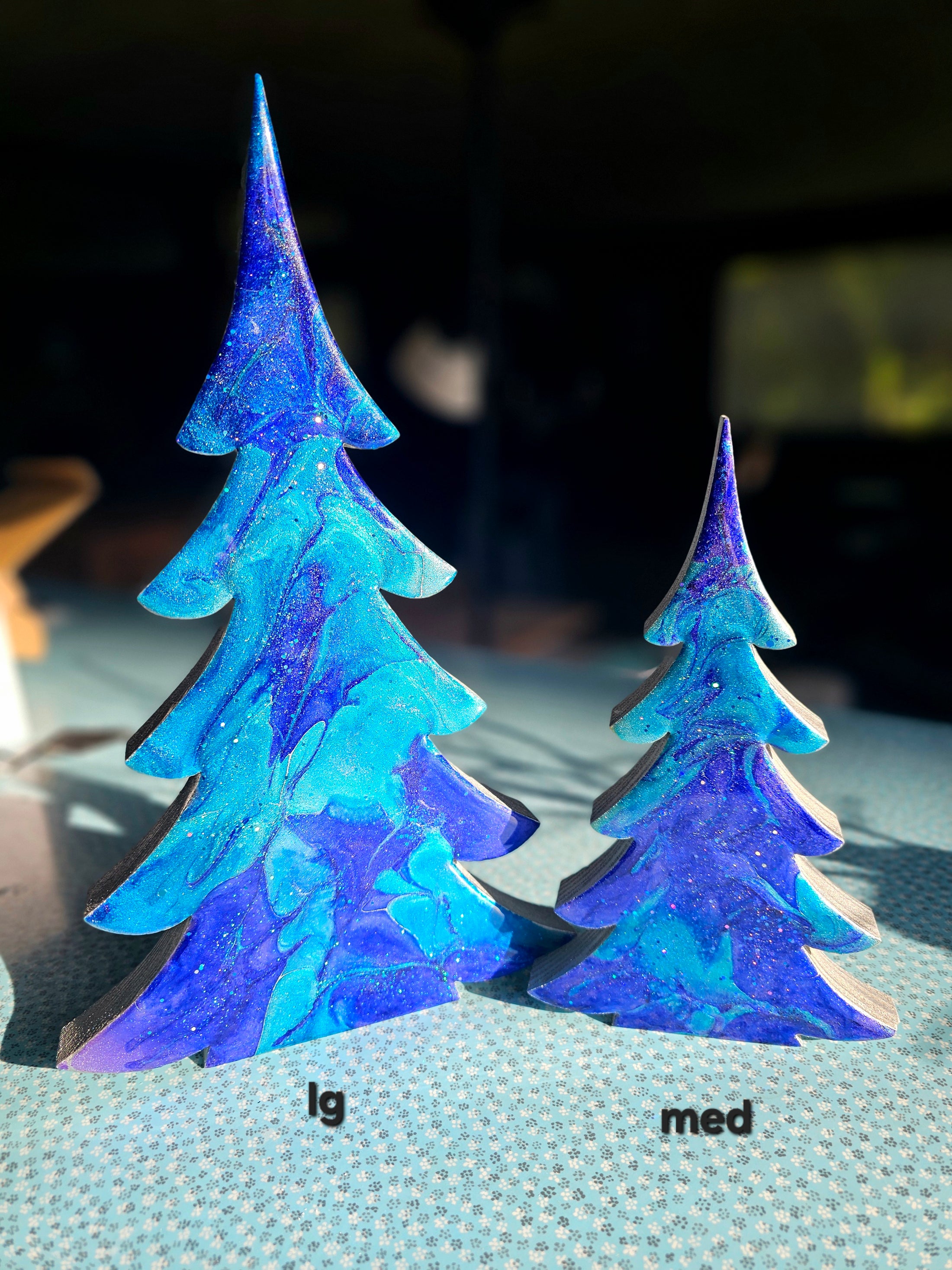 Handmade Sapphire Blue Wood Christmas Tree Holiday Shelf Sitter, featuring vibrant sapphire and electric blue resin with glittery silver accents, perfect for festive decor.