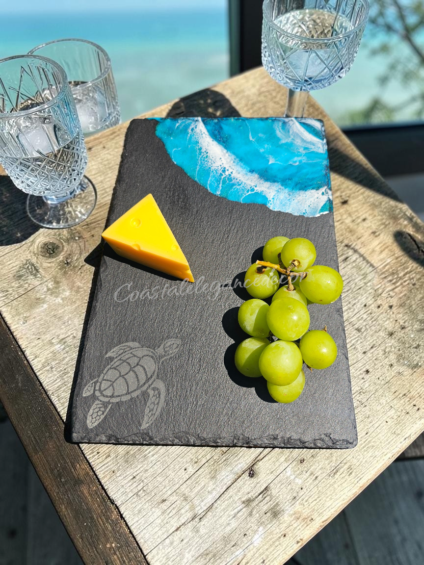 Slate & Ocean Resin Wave Charcuterie Board | Sea Turtle Coastal Serving Platter (12" x 8")