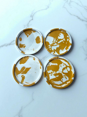 Abstract Jesmonite Round Drink Coasters Set 4 Inch Yellow