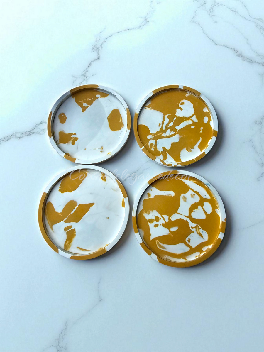 Abstract Jesmonite Round Drink Coasters Set 4 Inch Yellow
