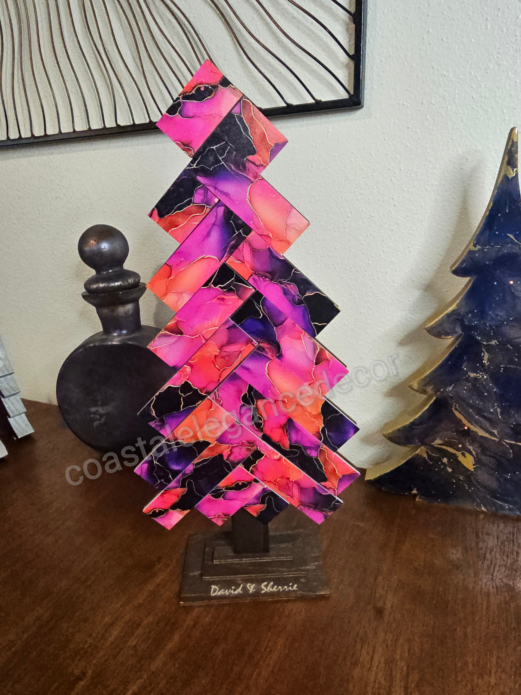 Bold Pink Contempary Patterned Handmade Herringbone Modern Acrylic and Wood Christmas Tree