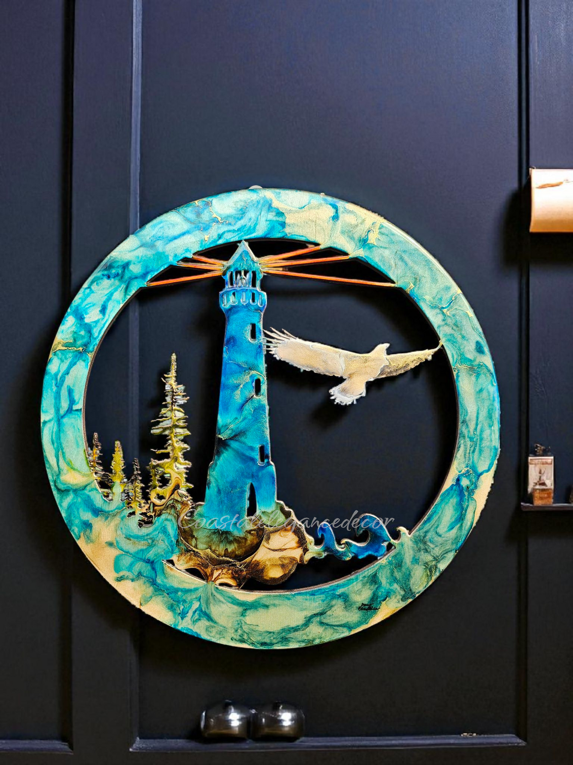 Unique Lighthouse Wall Art with Eagle and Tree Scene in Multiple Colors - 15.75" Round Framed Decor