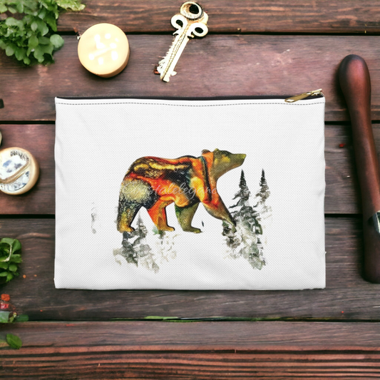 Bear with Faded Fir Trees Original Art Accessory Pouch showcasing a colorful bear design against a backdrop of watercolored fir trees, ideal for use as a cosmetic bag or pencil case.