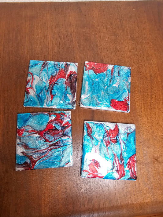 Turquoise and Red Resin on Ceramic Glass Drink Coasters 4 x 4 Inch Square