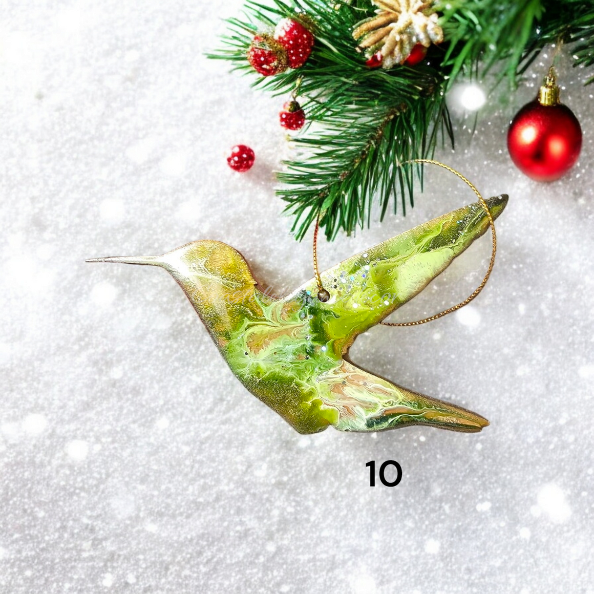 5 Inch Sparkly Handmade Resin and Wood Hummingbird Christmas Ornaments - Vibrant pink and red hues with glitter accents, capturing the beauty of a handcrafted hummingbird design.