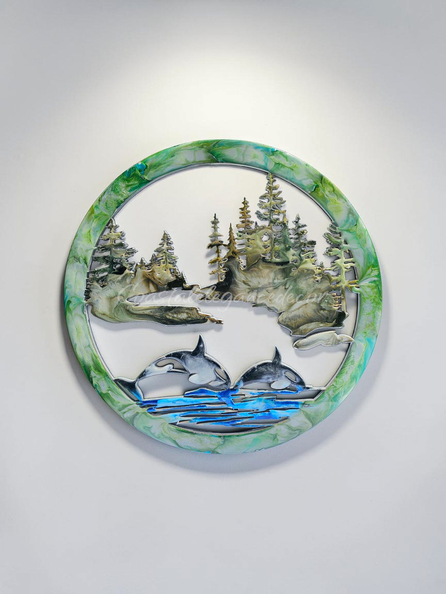 16" Orca and Forest Coastal Wall Art | Wood & Resin Round