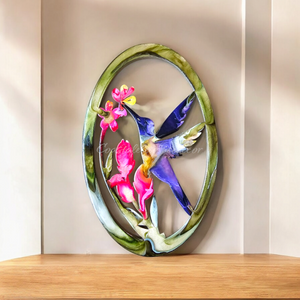 Small Hummingbird with Flowers Oval Frame Wall Decor