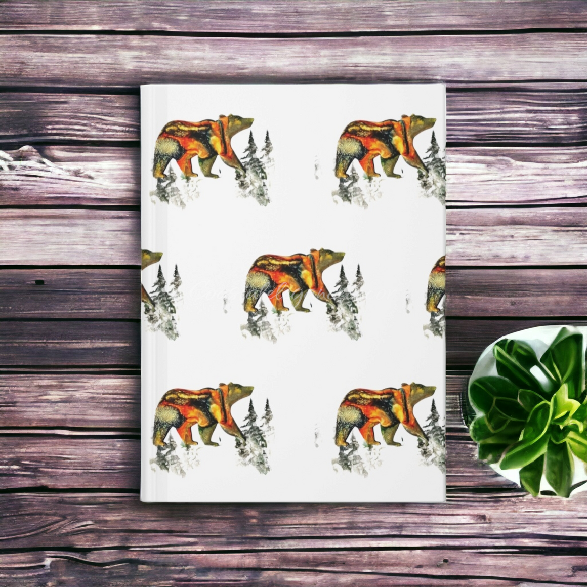 Original Art Print Bear with Faded Contemporary Trees Hardcover Journal Lined Paper