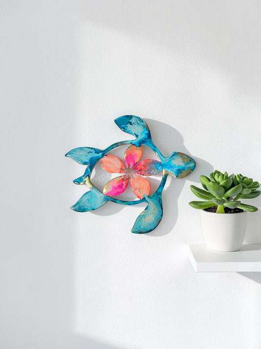 Handcrafted 10" Coastal Polynesian Flower Sea Turtle Wall Art Decor with Vibrant Colors