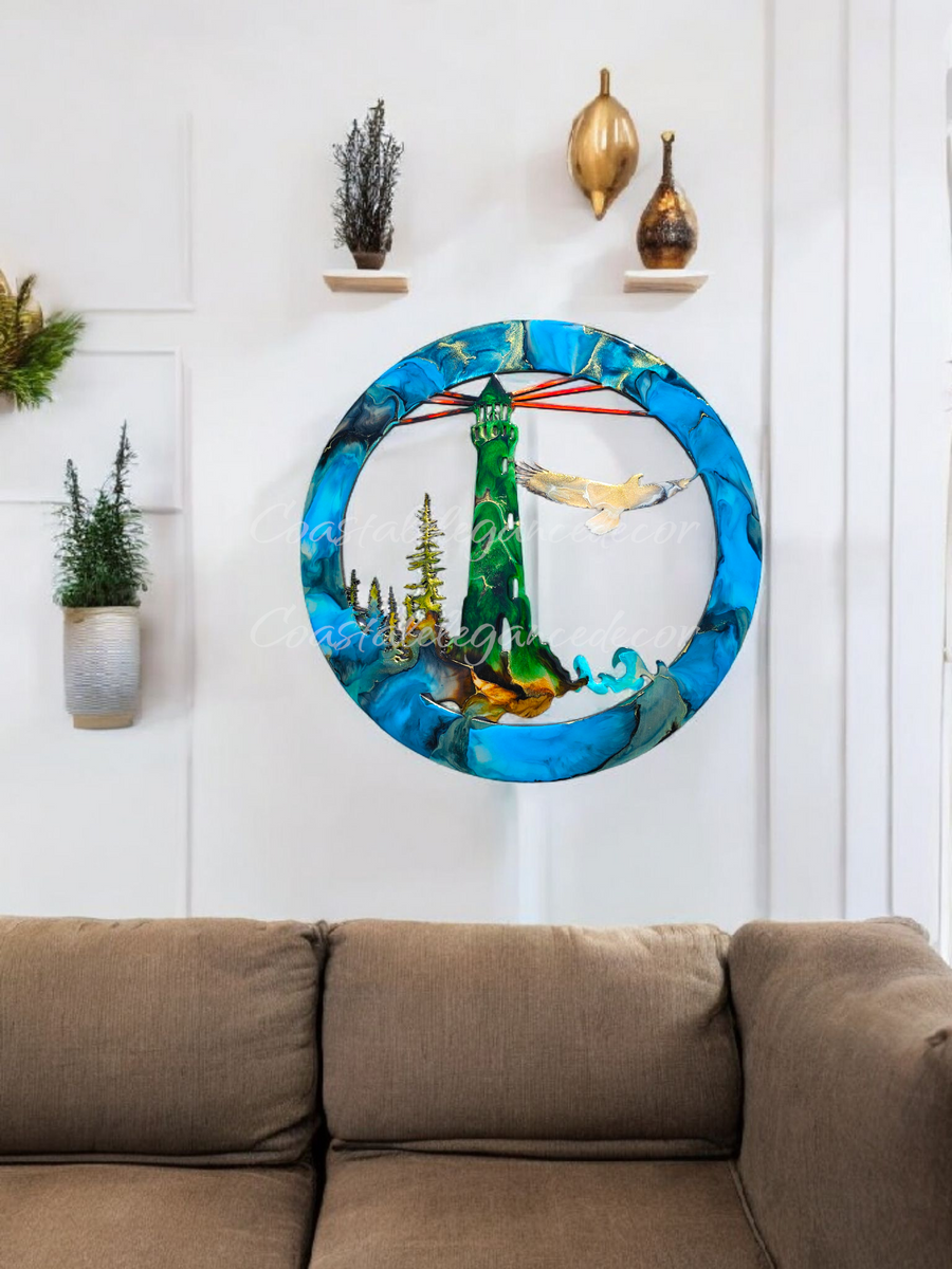 Unique Lighthouse Wall Art with Eagle and Tree Scene in Multiple Colors - 15.75" Round Framed Decor