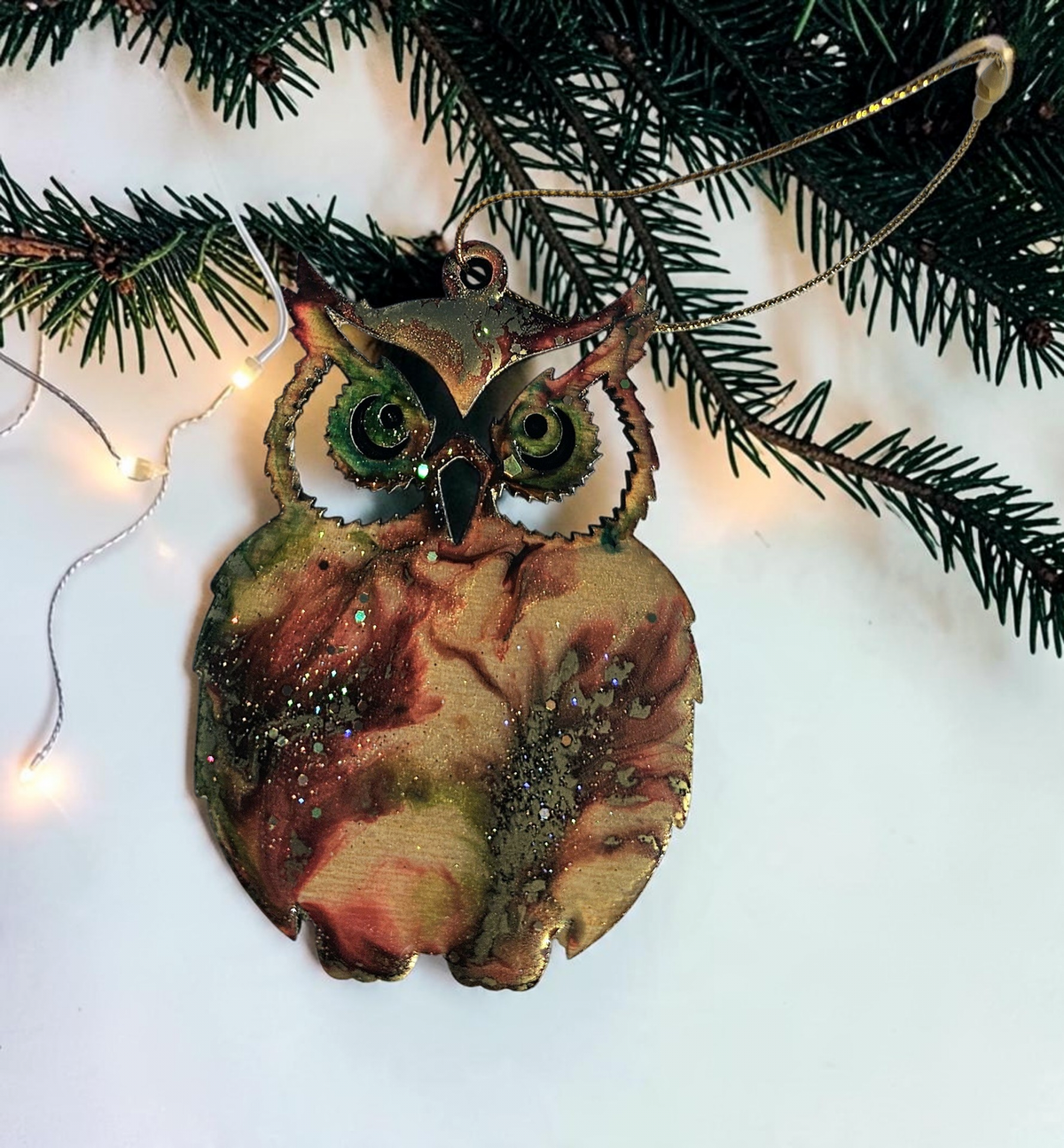 Red and gold handmade owl resin Christmas ornament 