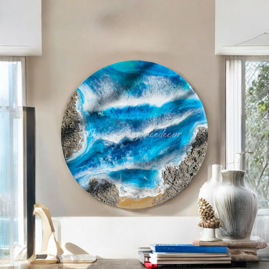 Handcrafted Ocean Blue Resin Seascape Wall Art - Round Coastal Decor with Textured Rocks