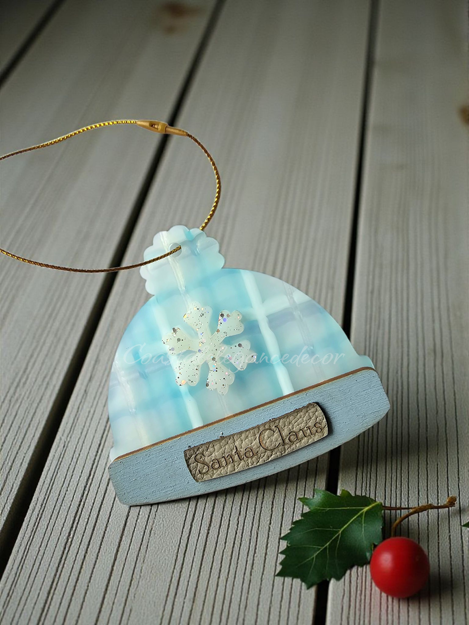 Personalized Light Blue and Holographic Gold Plaid Winter Beanie Hat Ornament With Custom Leather Name Patch