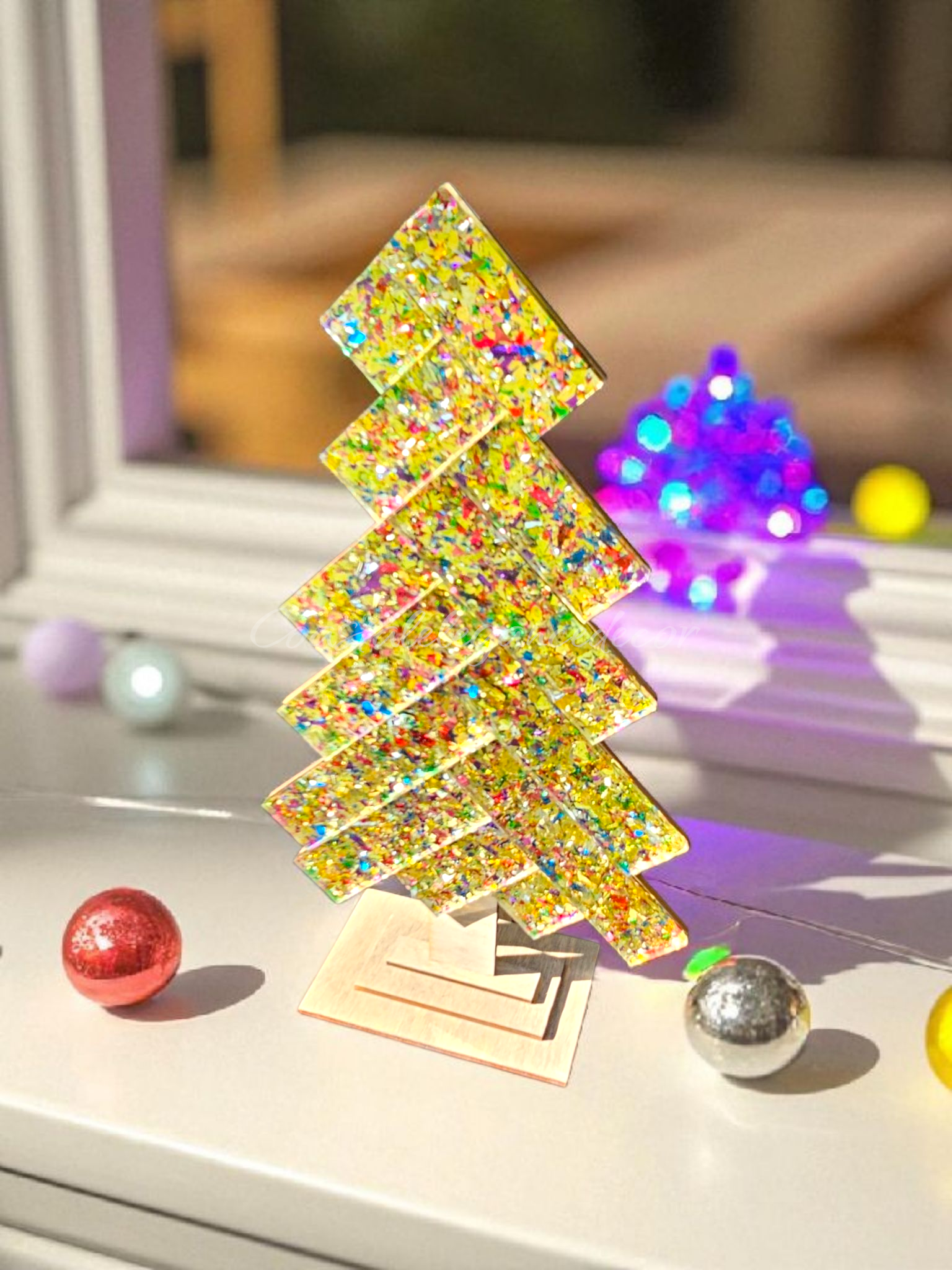 Gold Thick Confetti Glitter Contempary Patterned Handmade Herringbone Modern Sparkly Christmas Tree