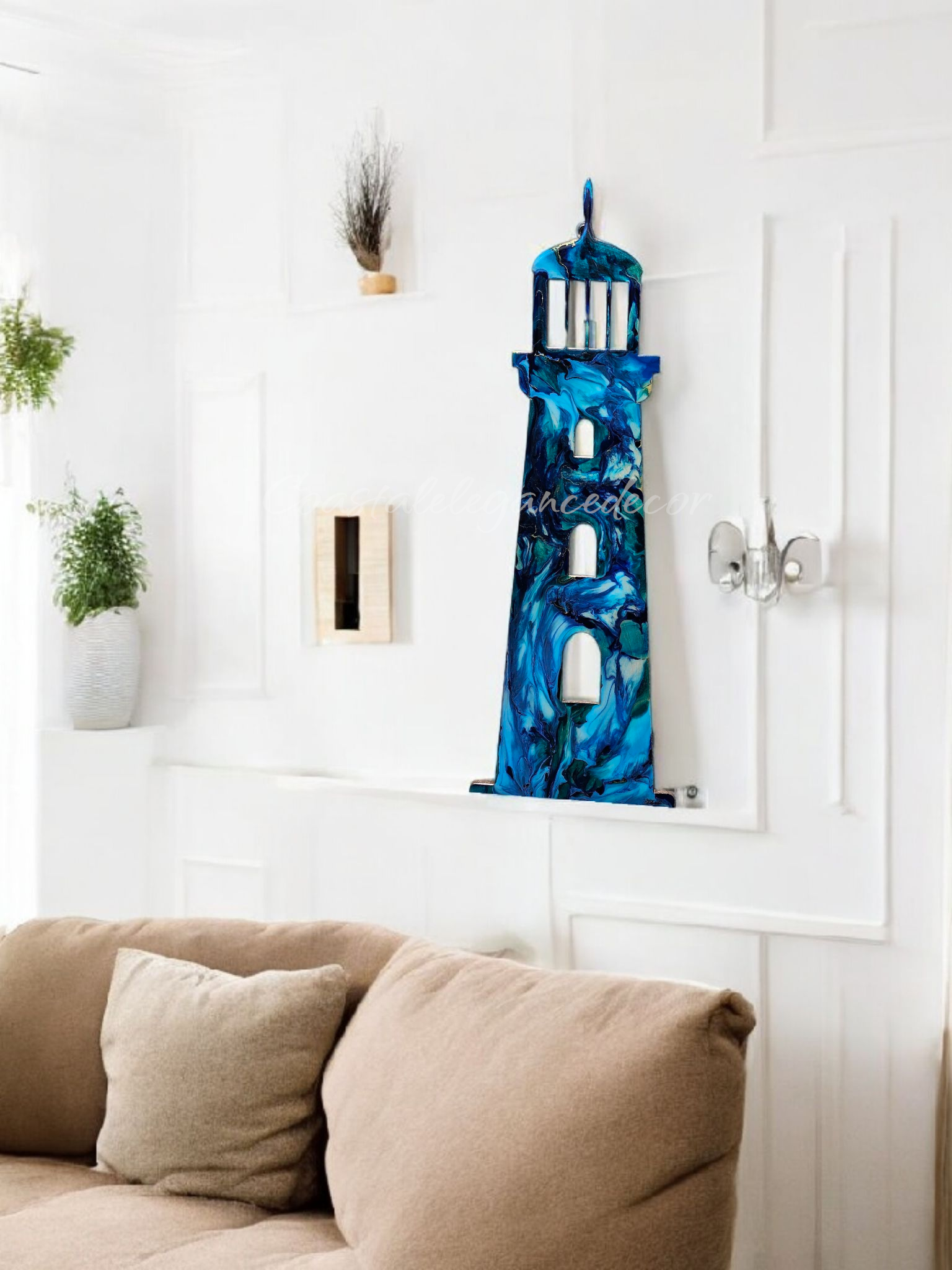 Large Coastal Lighthouse Resin Wall Beach House Decoration in shimmering turquoise and silver, perfect for adding coastal elegance to your home.