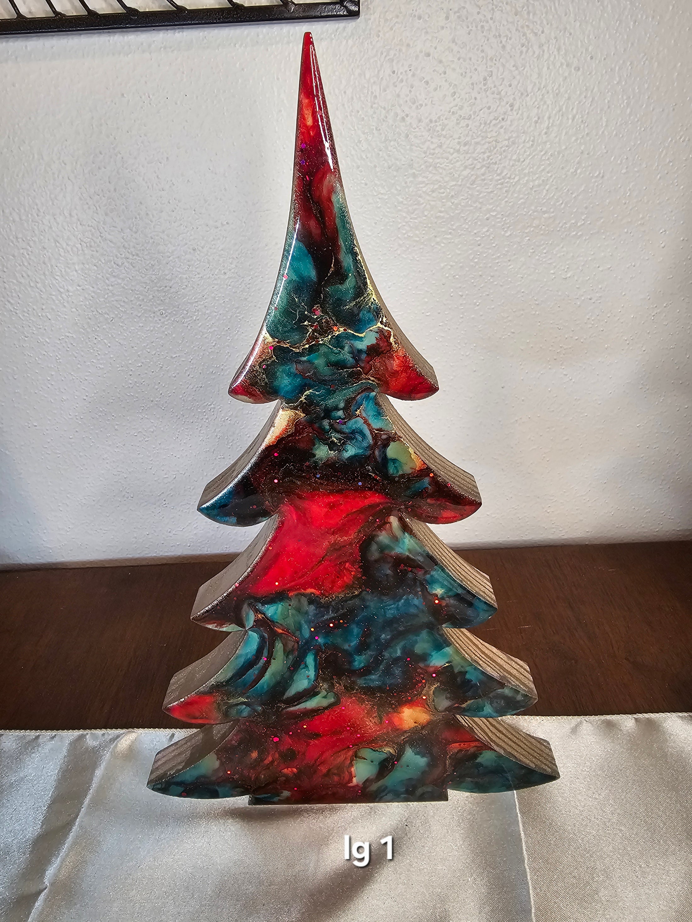 Handmade Turquoise Christmas Trees Shelf Sitter with Red Resin and Gold Accents - Large size 12 inches showcasing elegant craftsmanship.