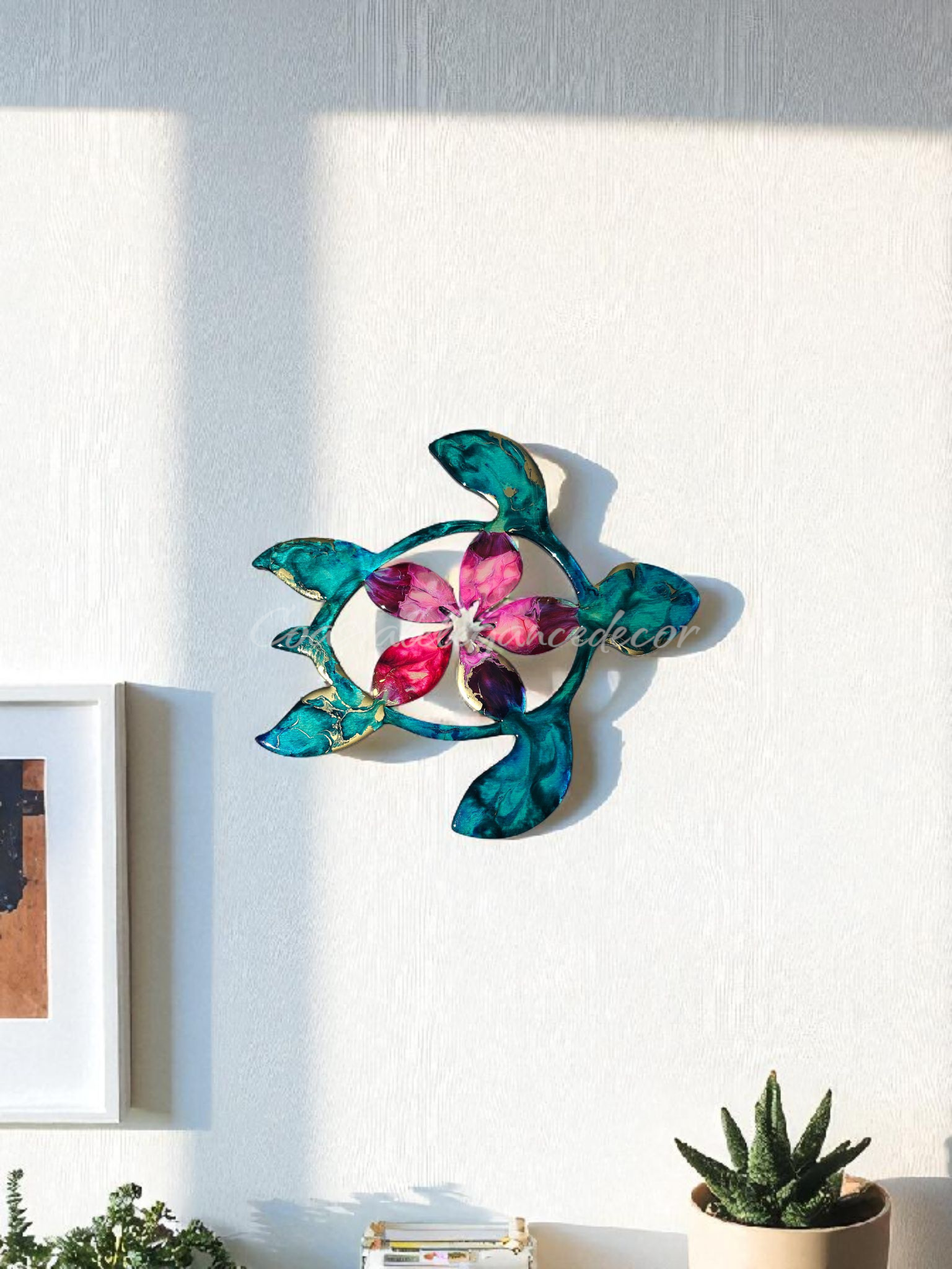 Handcrafted 10" Coastal Polynesian Flower Sea Turtle Wall Art Decor with Vibrant Colors