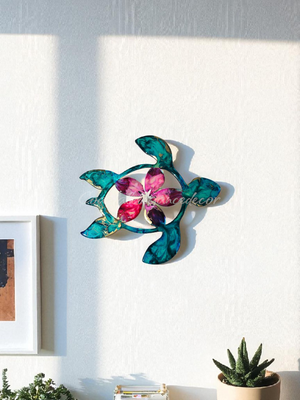 Handcrafted 10" Coastal Polynesian Flower Sea Turtle Wall Art Decor with Vibrant Colors
