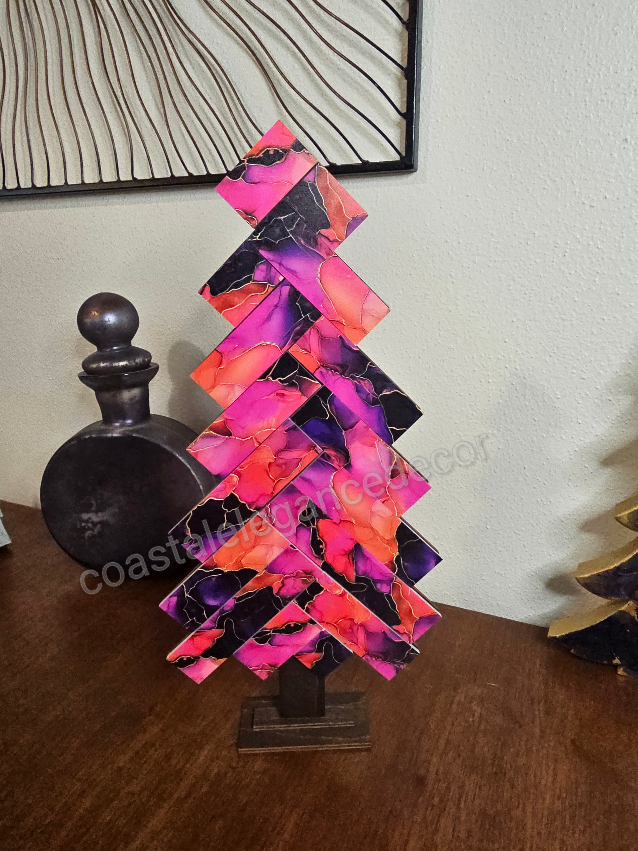 Bold Pink Contempary Patterned Handmade Herringbone Modern Acrylic and Wood Christmas Tree