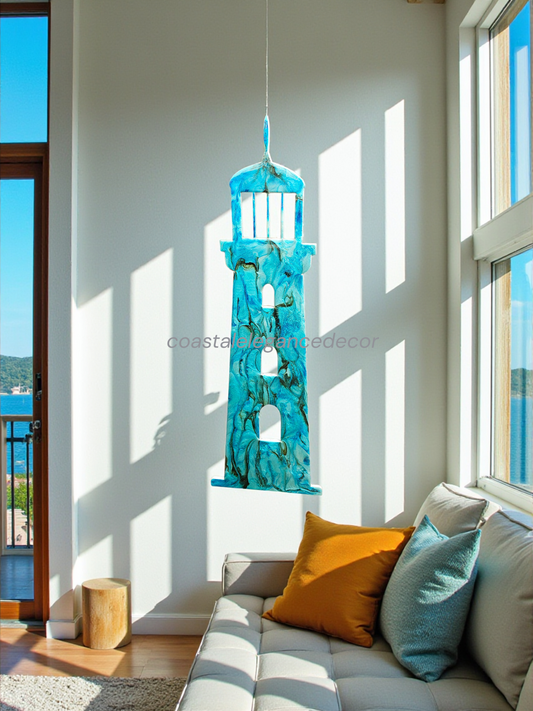 Large Coastal Lighthouse Resin Wall Decoration in Deep Blues with Gold Metallic Accents, Ideal for Coastal Home Decor by Coastal Elegance Decor.