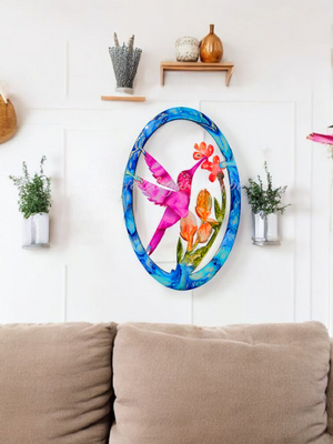 Hummingbird with Flowers Oval Frame Wall Decor