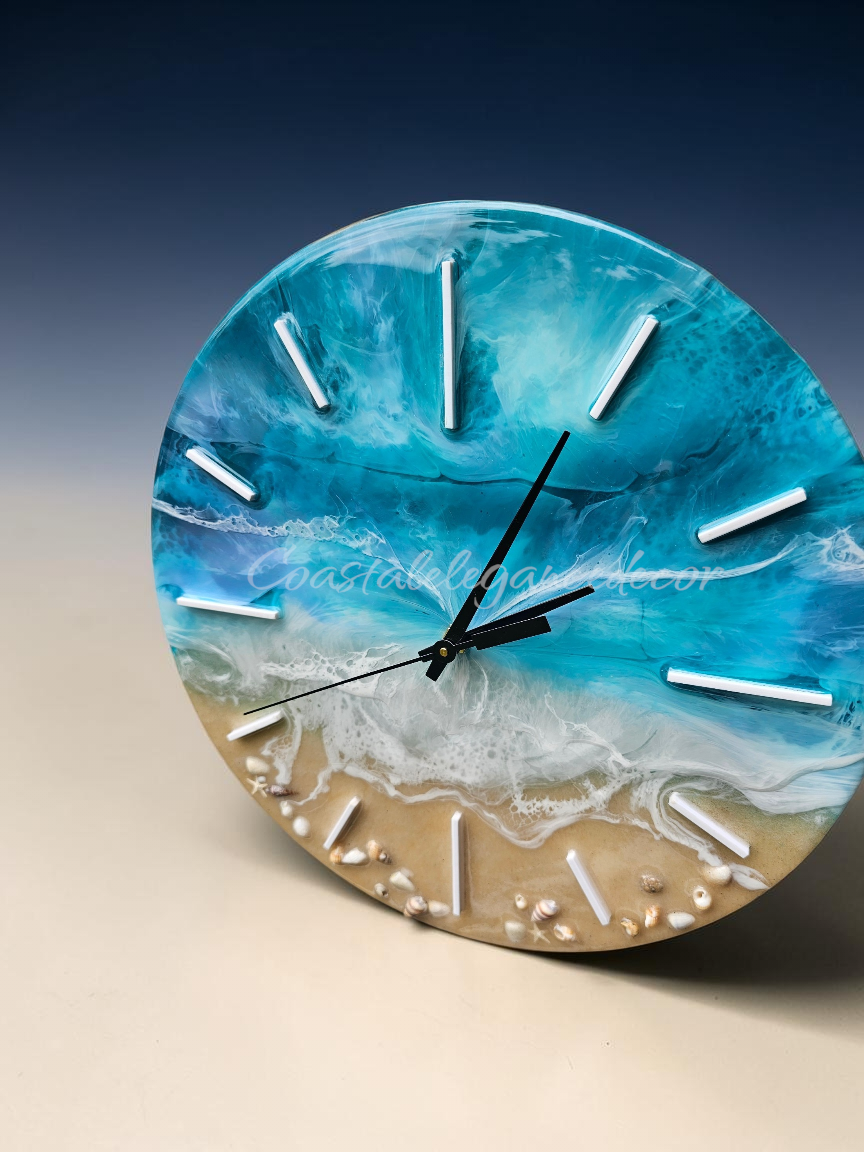 Handmade 12" Soft Turquoise Ocean Resin Wall Clock – Pastel Wave Art