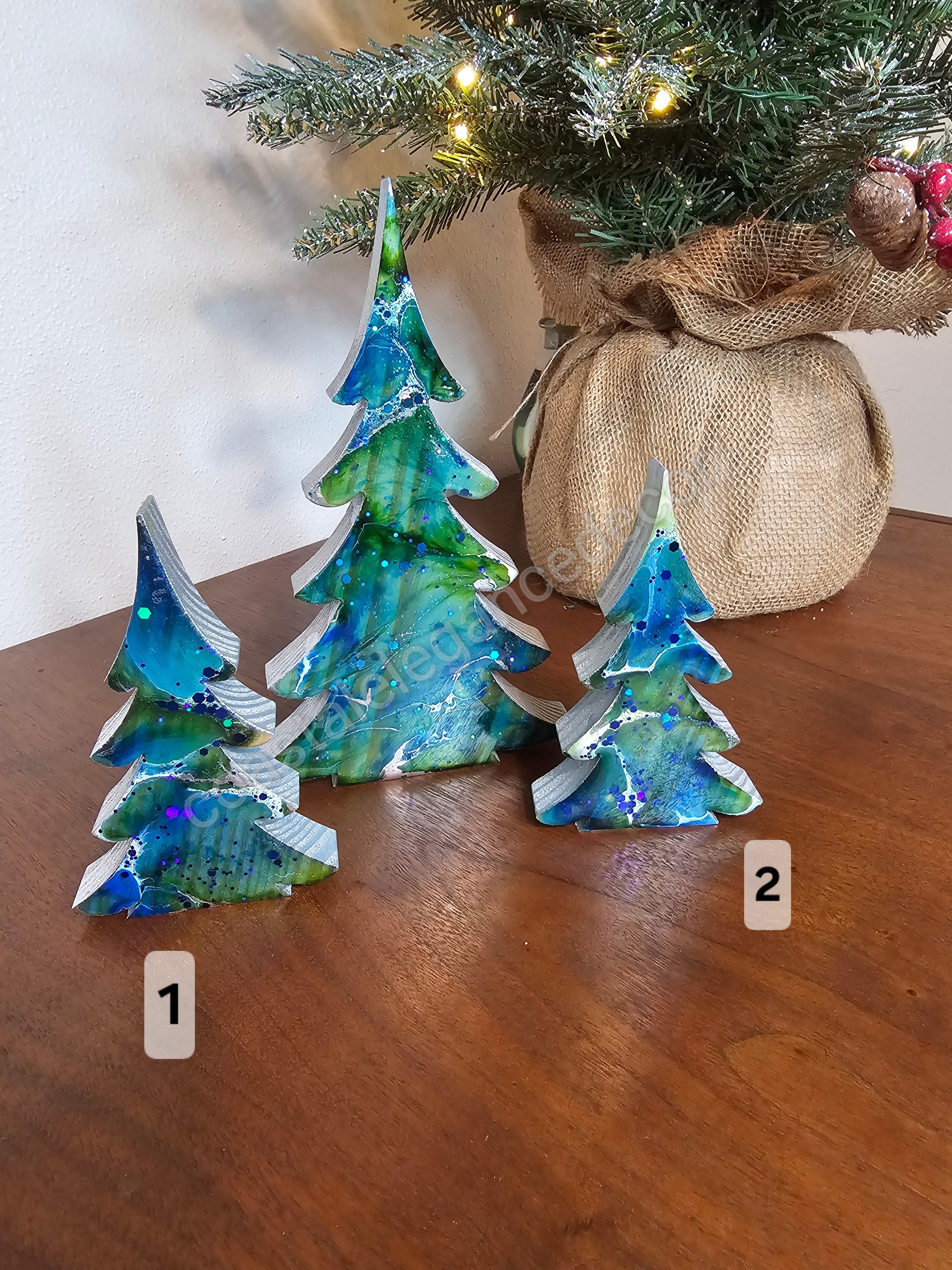 Handmade Chunky Wood Christmas Trees with Resin Accents, Holiday Tabletop Decoration, 8" & 5"