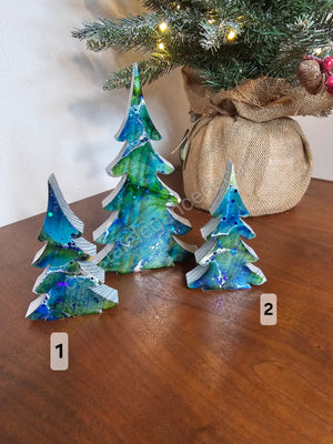 Christmas Trees with Branches Holiday Tabletop Decoration Chunky Wood with Resin Blue Green Silver Lg or Sm