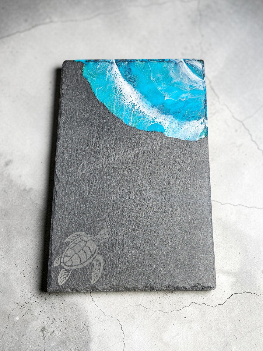 Slate & Ocean Resin Wave Charcuterie Board | Sea Turtle Coastal Serving Platter (12" x 8")
