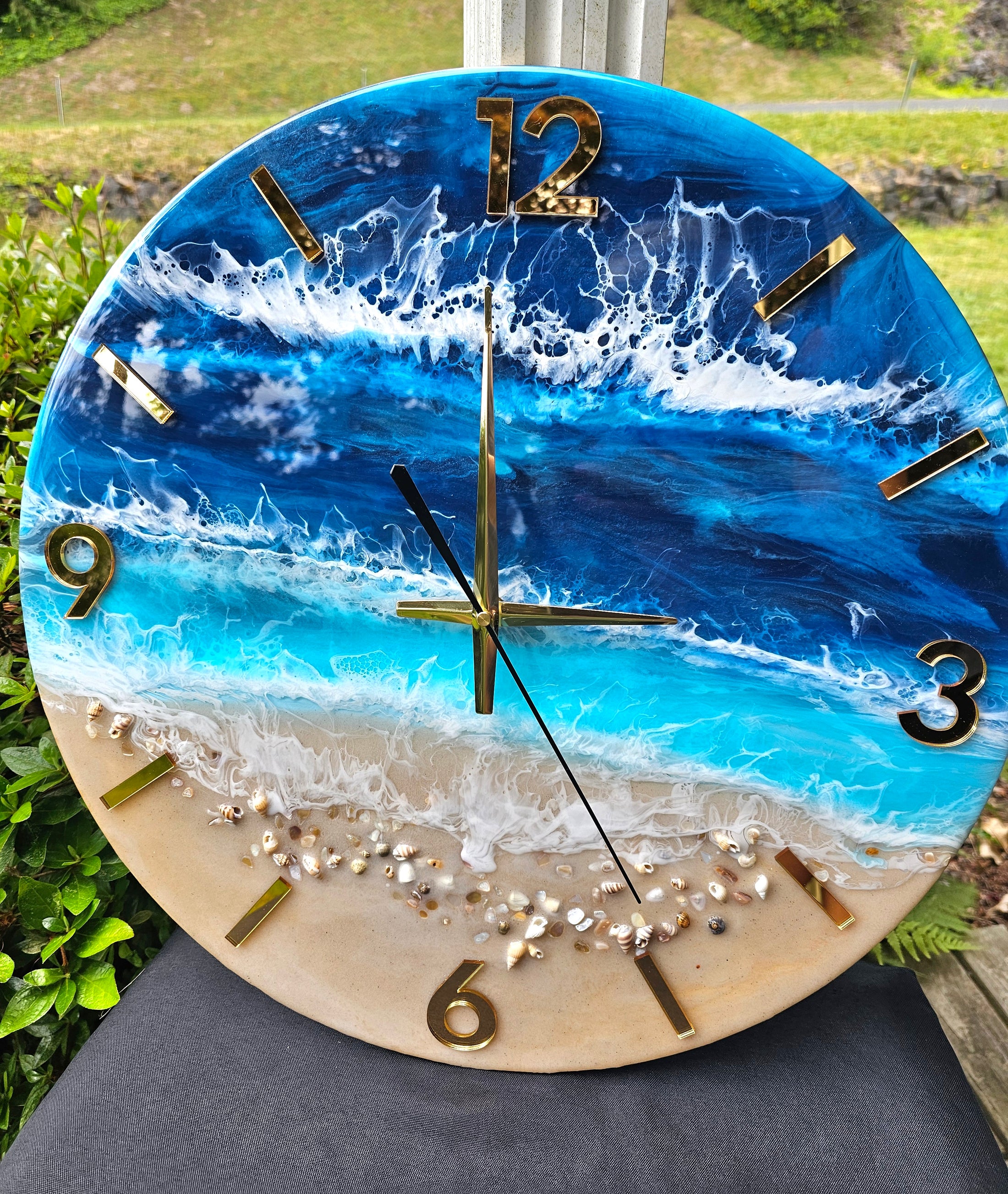 Large 19.5 Inch Standard Number Wall Clock -  Sandy Beach Design with Turquoise Ocean Waters