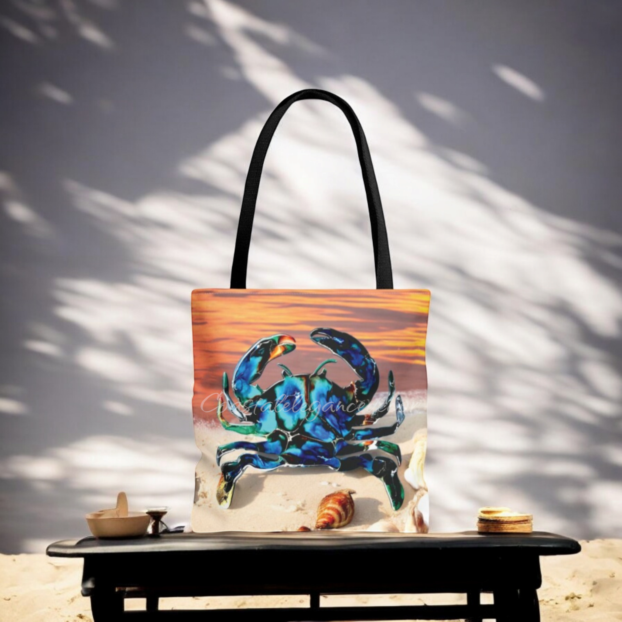 Original Art Crab on Sandy Sunset Beach Double Sided Tote Bag, available in three sizes with colorful handle options, perfect for beach lovers.