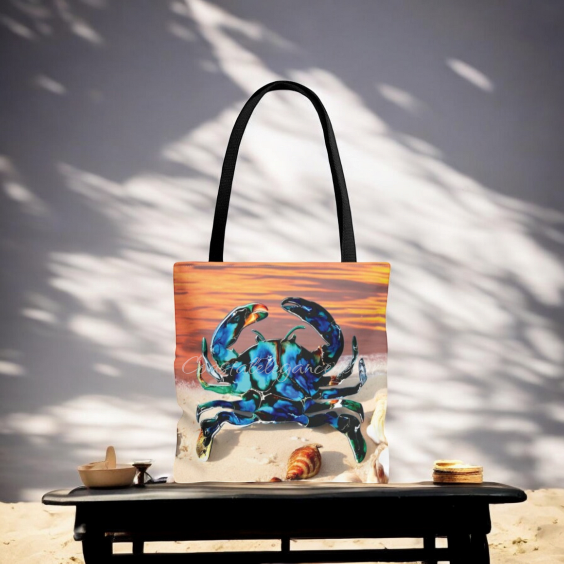 Original Art Crab on Sandy Sunset Beach Double Sided Tote Bags 3 Sizes and Handle Color Choice