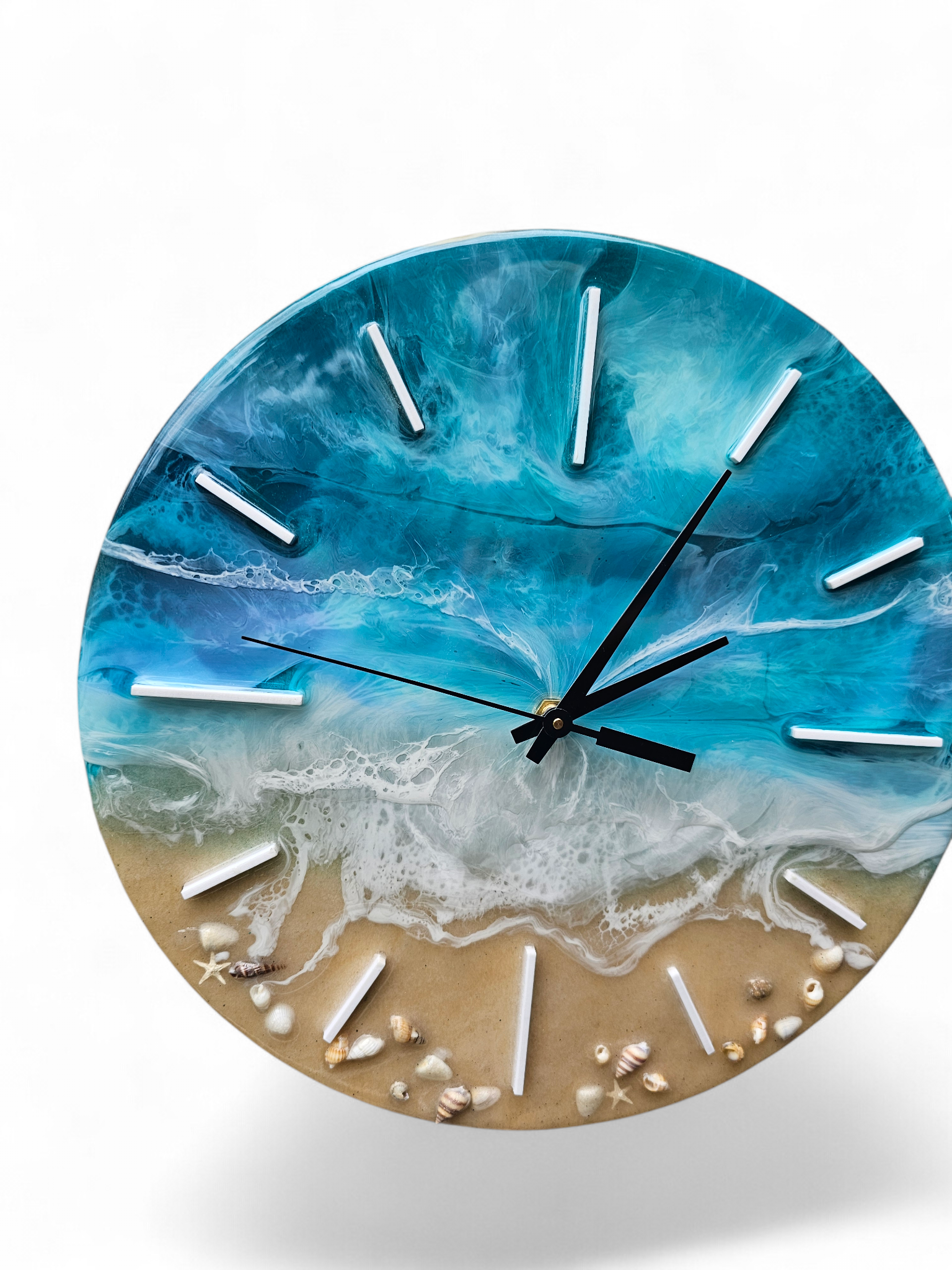 Handmade 12" Soft Turquoise Ocean Resin Wall Clock – Pastel Wave Art