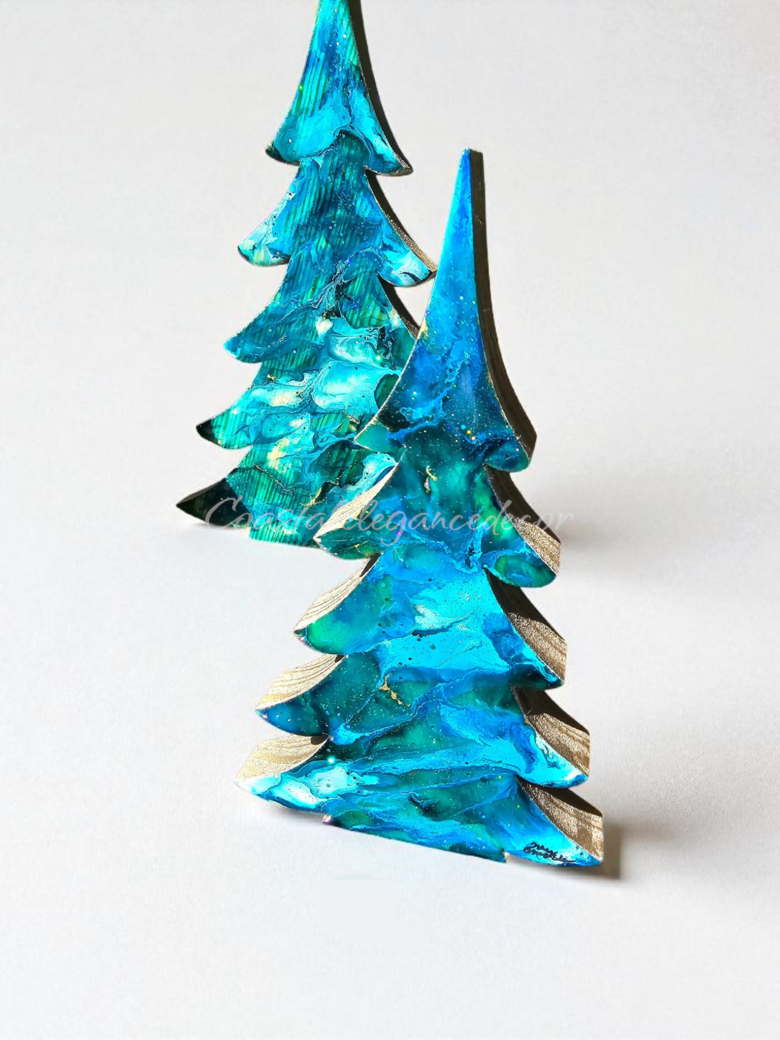 Handmade Teal and Gold Christmas Trees with Branches Holiday Shelf Sitter 3 Sizes