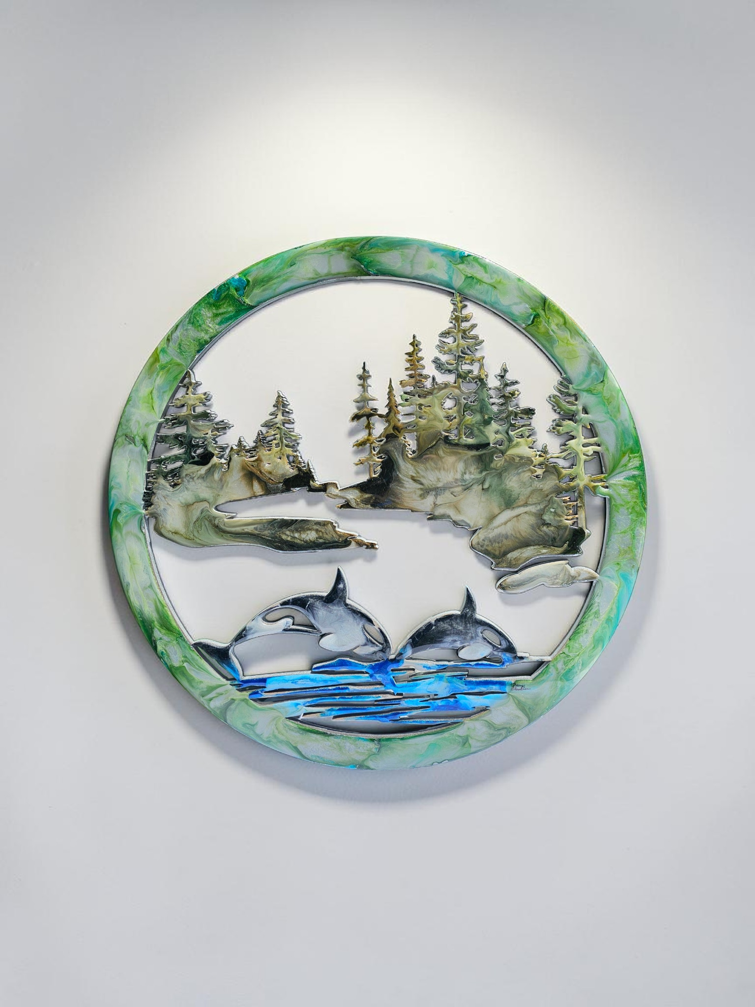 16" Orca and Forest Coastal Wall Art | Wood & Resin Round
