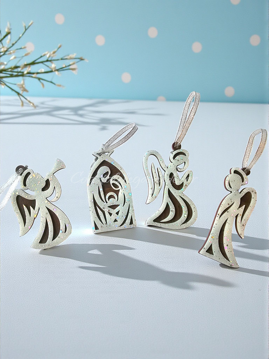 Silver Glitter Layered Angels or Nativity Ornaments - Handcrafted Christmas Decor