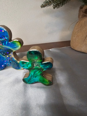 Chunky Wood with Resin Handmade Gingerbread Men Christmas Decorations Green Blue 3 Sizes