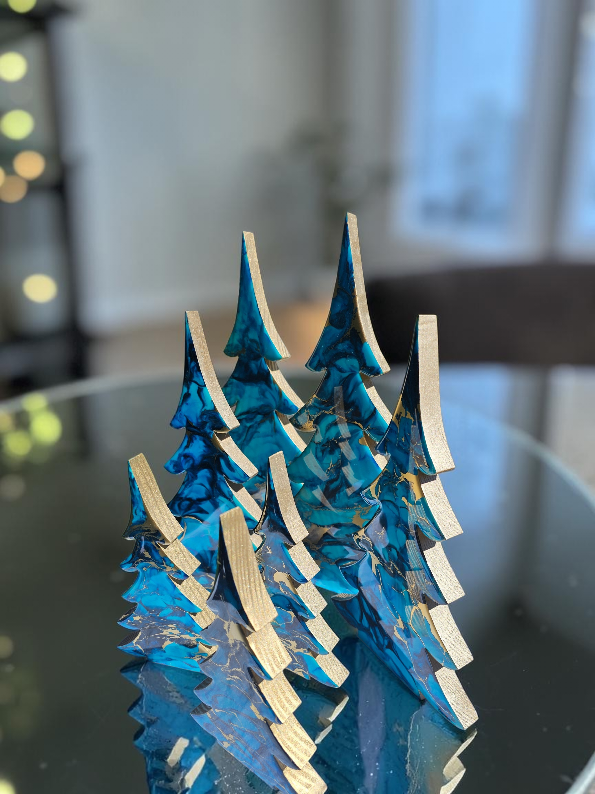 Handmade Light Blue, Navy & Gold Resin Wood Trees | Coastal Contemporary Tabletop Decor