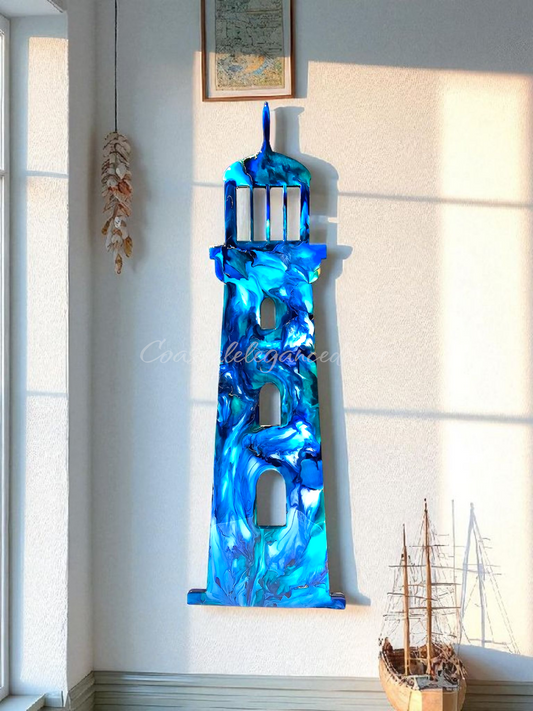 Large Coastal Lighthouse Resin Wall Decoration in Lighter Turquoise Blues with Silver Shimmer, Perfect Beach House Art from Coastal Elegance Decor.